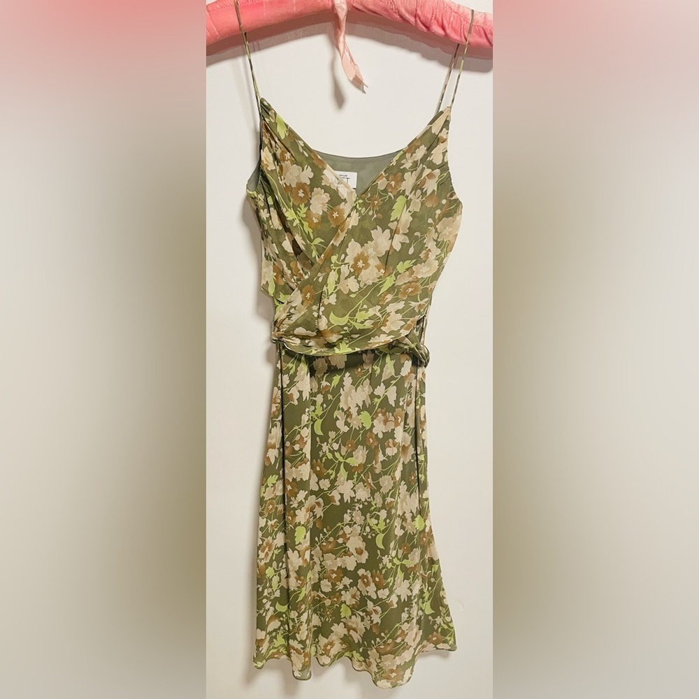Ann Taylor LOFT Silk Spaghetti Strap V-Neck Floral Dress, Olive & Cream, Size 6